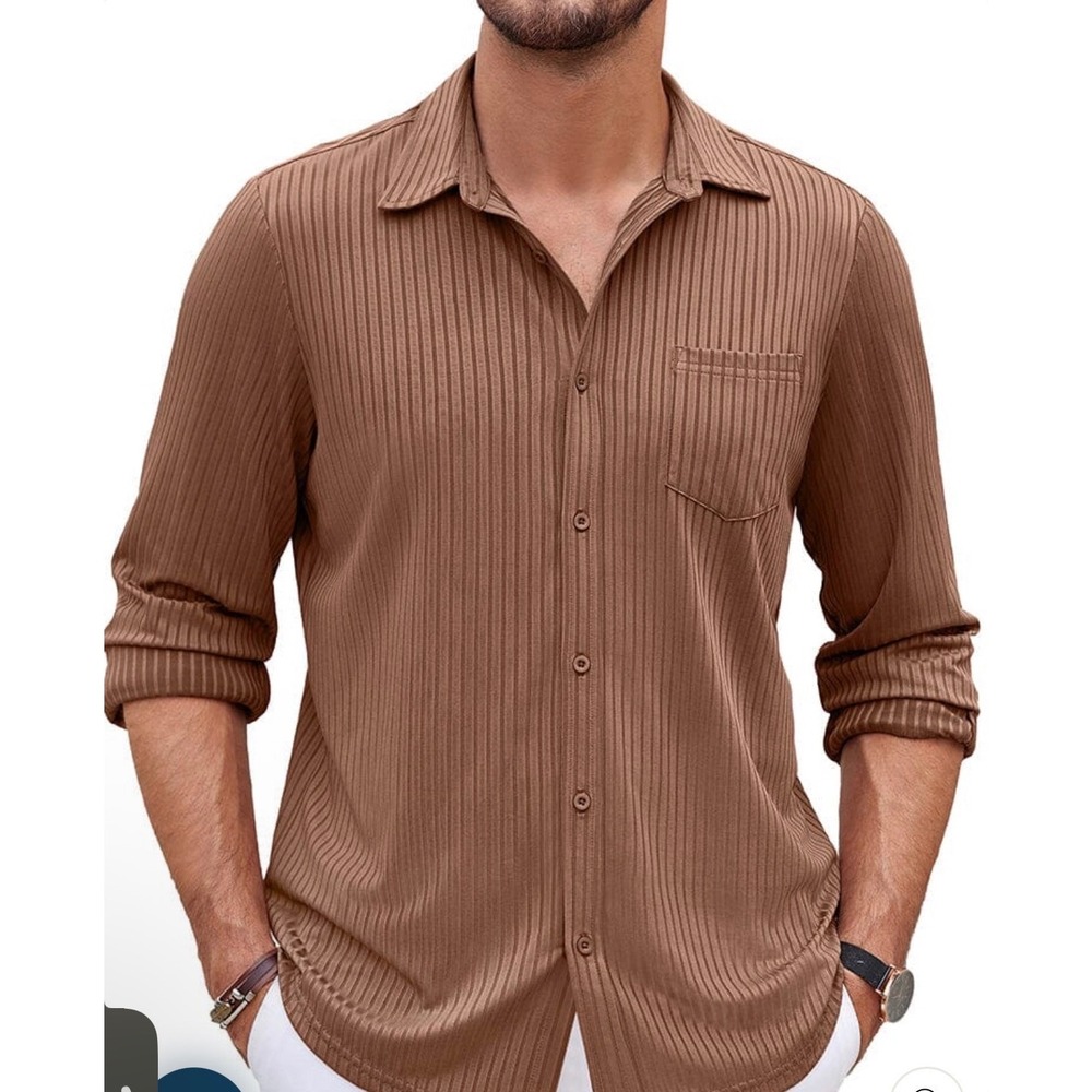 NWT COOFANDY Pit Stripe Stretch Brown Mens Large Long Sleeve Button Up Shirt